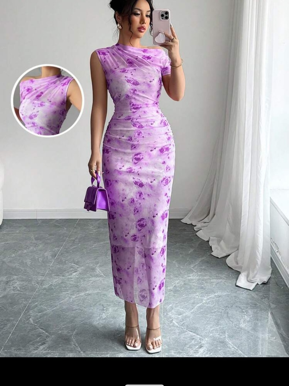 Sleeveless Purple Floral Bodycon Midi Dress
